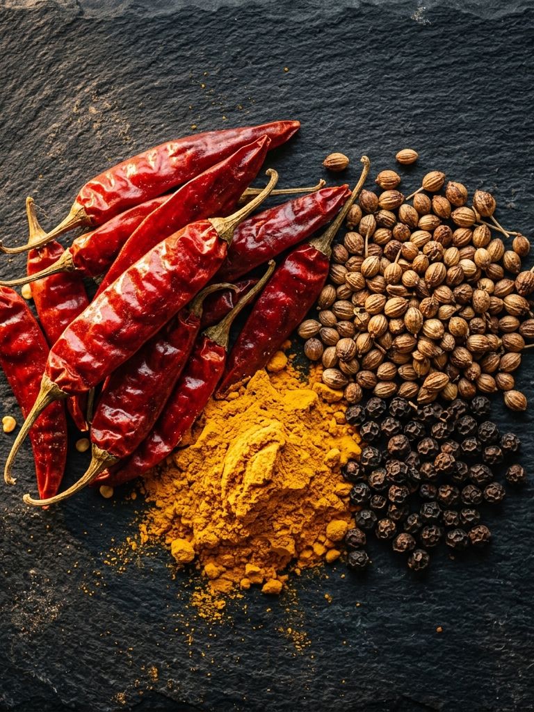 Byadgi chilies, coriander, turmeric and black pepper